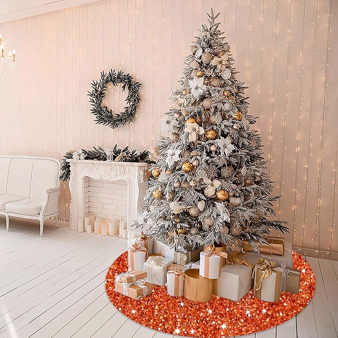 MODFUNS Orange Christmas Tree Skirt 60 Inch Sequin Xmas Tree Skirts Velvet Tree Mat Sparkly Fall Tree Skirt Burnt Orange Round Thanksgiving Tree Base Cover for Artificial Trees Christmas Day Ornaments