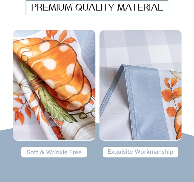 Romanstile Fall Round Tablecloth, Thanksgiving Autumn Harvest Pumpkin Buffalo Plaid Table Cloth, Stain Resistant Washable Table Cover for Party/Dining/Holiday- Grey Blue Checkered, 60 Inch