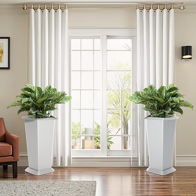 FENCY Set of 2 Tall Planters for Outdoor Plants, 24 Inch Large Tapered Pots with Drainage Trays, Weather-Resistant Plastic Plant Containers for Patio, Porch, Garden, Front Door Decor,White, Striped