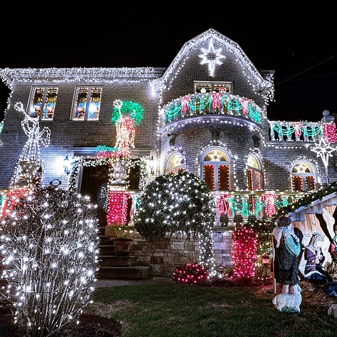 JMEXSUSS 500 LED White Christmas Lights Outdoor Indoor, Green Wire Christmas Tree Lights Plug in, 8 Modes Waterproof White String Lights for Xmas Wedding Party Garden