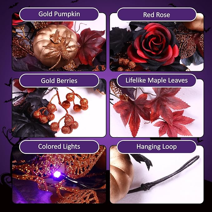 SHareconn 6FT Halloween Garland with Purple Lights Battery Operated and Timer, Pre-Lit Black Red Maple Leaves Lighted Garland Decorations for Fireplace Mantle Centerpiece Indoor Outdoor Decor, 6 FT