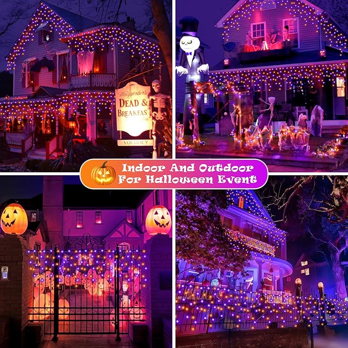 Heceltt Halloween Lights Outdoor, Orange and Purple 39FT 480LED Halloween String Lights with 90 Drops, 8 Modes Timer Memory Function, Night Light for House Roof Party Decor