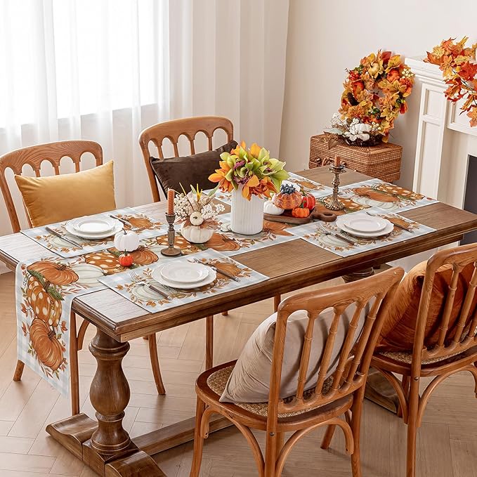 Romanstile Pumpkin Leaves Fall Table Runner, Buffalo Plaid Autumn Thanksgiving Harvest Farmhouse Style Table Decoration for Dining, Party, Holiday - 13x48 Inch, Grey Blue