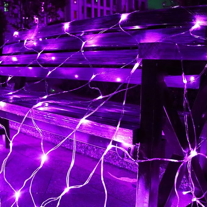 Curyidy Solar Net Halloween Lights Purple,200 LED Net Lights Outdoor Mesh Lights, 19 Modes Solar Powered/USB Remote Control String for Garden, Yard, Bushes, Trunk, Halloween, Xmas Tree Decor