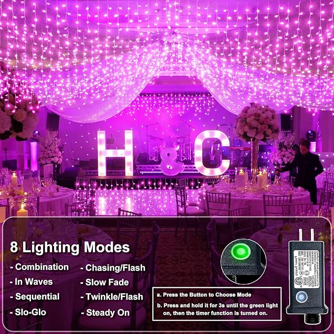 Icicle Lights for Outside, 33FT 400 LED Christmas Lights Outdoor Indoor with 8 Modes 75 Drops, Waterproof Plug in Curtain Twinkle String Light for Home Roof Yard Window Patry Wedding Decor, Pink
