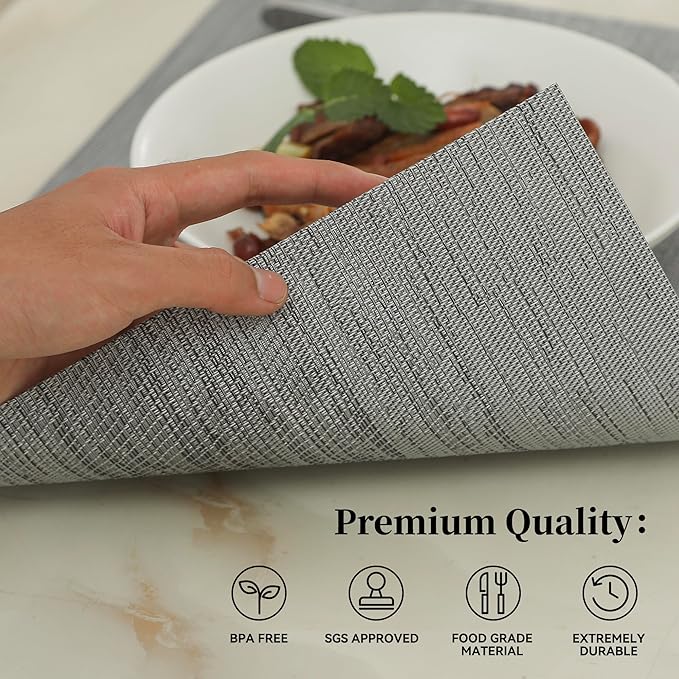 Leetaltree Grey Placemats, Heat Resistant Non-Slip Place mats for Dining Table, Washable Durable PVC Vinyl Woven Table Mats (Set of 12)