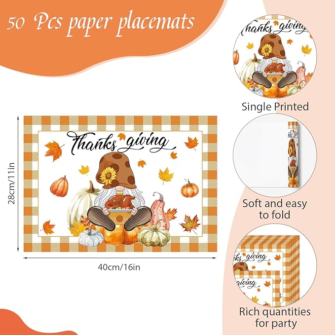 Paper Placemats Disposable 50 Pack Autumn Gnome Pumpkin Placemats 16x 11 Inch Thanksgiving Day Farmhouse Orange Buffalo Plaids Table Mats for Home Party Kitchen Dining Table Decoration