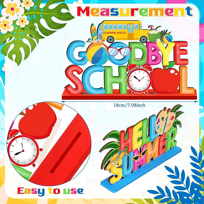 6 Pcs Hello Summer Table Decoration Happy Last Day of School Table Sign School's out of Summer Vacation Pool Wooden Tabletop Centerpieces for Holiday Party Supplies Home Decor