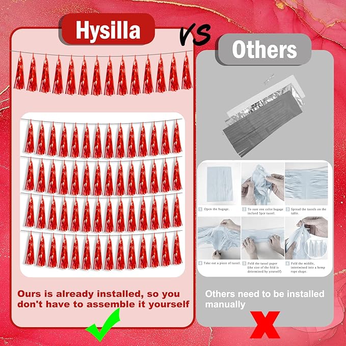 4P Red Foil Fringe Metallic Tassel Streamers Banner Tassel Garland for Parade Floats, Bachelorette, Wedding, Birthday, Halloween, Christmas, Bridal/Baby Shower Party Decorations