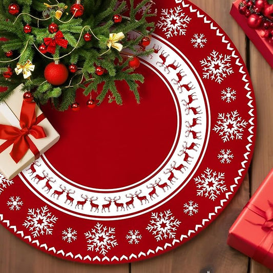 Christmas Tree Skirt 48 Inches Red Xmas Soft Cover Mat Decor Retro Xmas Tree Skirt for New Year Holiday Ornaments Indoor Outdoor Decorations (Snowflake Reindeer)