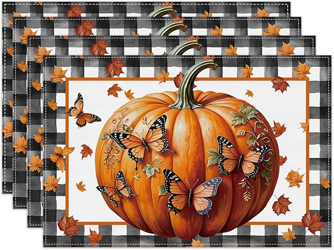 Linen Fall Placemats Set of 4 Fall Table Mats Farmhouse Pumpkin Butterfly Decor for Home Autumn Thanksgiving Home Kitchen Dining Room Table Decorations