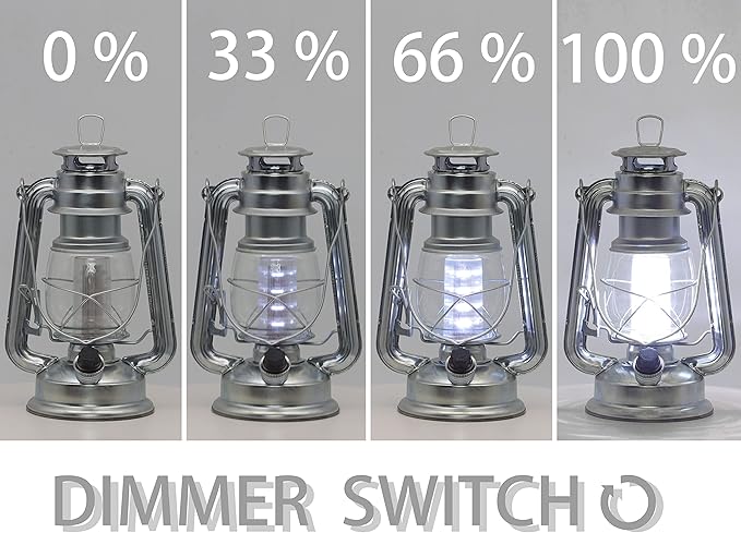 YAKii LED Vintage Metal Hanging Hurricane Lantern - 12 LED Dimmer Switch, Cold White Battery Operated for Power Outage Indoor Camping Outdoor Decoration (Silver Pack of 8)