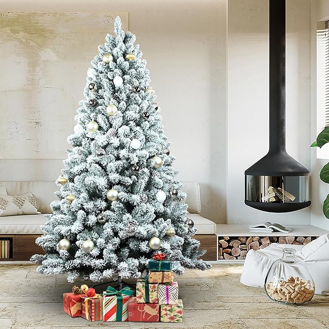 6ft Snow Flocked Christmas Tree, Unlit Artificial Holiday Christmas Pine Tree, Hinged Xmas Tree with Pine Cone, Full Appearance Snowy w/Easy Assembly, Metal Stand