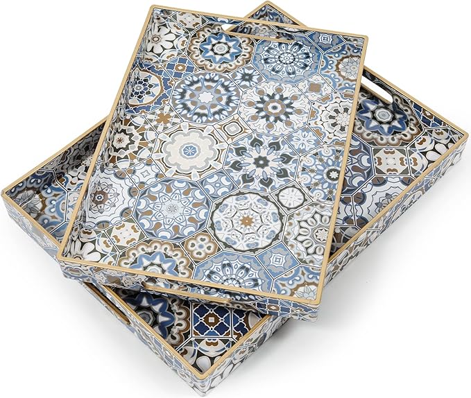 2 Pcs Serving Tray with Handles Bohemian Decorative Tray Large Ottoman Trays for Living Room Blue Coffee Table Trays for Breakfast
