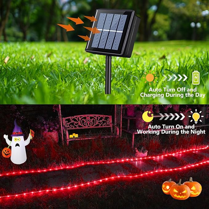 YEGUO 2 Packs Each 33ft 100 LED Solar Rope Lights Outdoor Waterproof, Red String Lights for Outside, 8 Modes Fairy Lights in Clear Thin Tube for Camping Fence Patio Garden Trampoline Deck