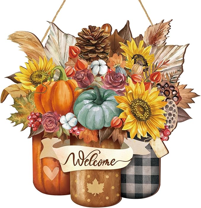 Boao Welcome Fall Door Decorations Thanksgiving Sign Hanging Decoration Wall Hanger Masquerade Carnival Wreath for Outdoor Farmhouse Porch Front Door Decor