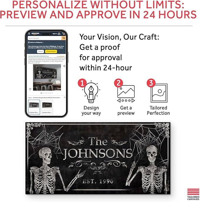 Tailored Canvases Gothic Family Wall Decor - Personalized Grunge Vintage Skeleton Room Decor for Home, Halloween Lovers, Men & Women for Bedroom, Living Room - Custom Couple Name, White Print, 48"x24"
