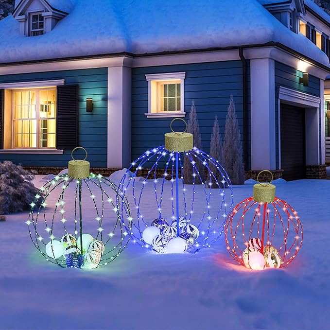 Outdoor Christmas Decorations, Set of 3 Lighted Christmas Ball Ornaments with 570 LED Lights, 6 Ground Stakes, Included 20 Small Plastic Xmas Ball Ornaments for Holiday Decor Yard