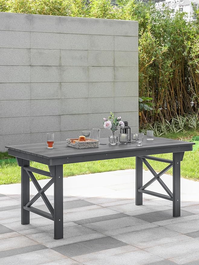 HDPE Outdoor Dining Table, 66.9” Rectangle Patio Dining Table for 6, All-Weather HDPE Outdoor Table with 2.2” Umbrella Hole, HDPE Patio Furniture for Deck, Backyard, Garden, Pool, Smoke Gray