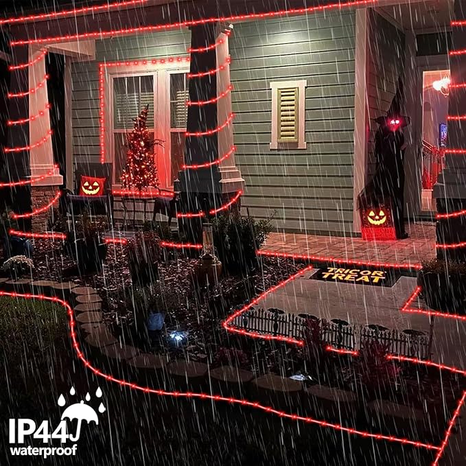 YEGUO 2 Packs Each 33ft 100 LED Solar Rope Lights Outdoor Waterproof, Red String Lights for Outside, 8 Modes Fairy Lights in Clear Thin Tube for Camping Fence Patio Garden Trampoline Deck