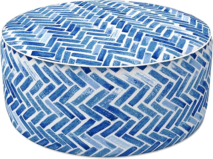LVTXIII Indoor/Outdoor Inflatable Ottoman, All Weather Round Footrest Stool D21”x H9”, Portable for Patio Garden Camping or Home-Blue Bricks