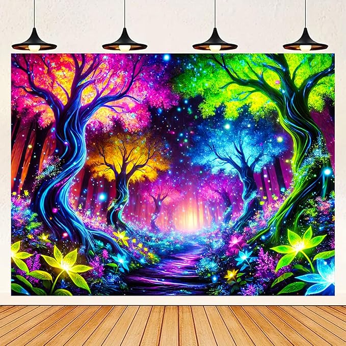 BlissYard Enchanted Neon Forest UV Black Light Tapestry 78x59 Inches Art Color Neon Light Background Bedroom Living Room Wall Party Decoration Psychedelic Pathway Fantasy Nature Magic Glow Decor