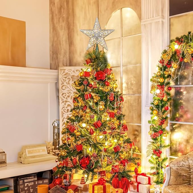 8" Silver Glittered Hollow Christmas Star Tree Topper with Built-in 10-Bulb String Lights and 2 Fuses for Holiday Decor, Green Base