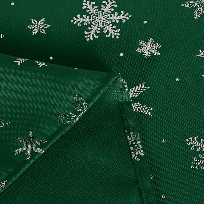 LUSHVIDA Christmas Tablecloth Rectangle - Green 60x120 inch Snowflakes Foil Print Pattern Washable Wrinkle Resistant Holiday Tablecloths for Christmas Family Gathering, Dining Room Table 130GSM