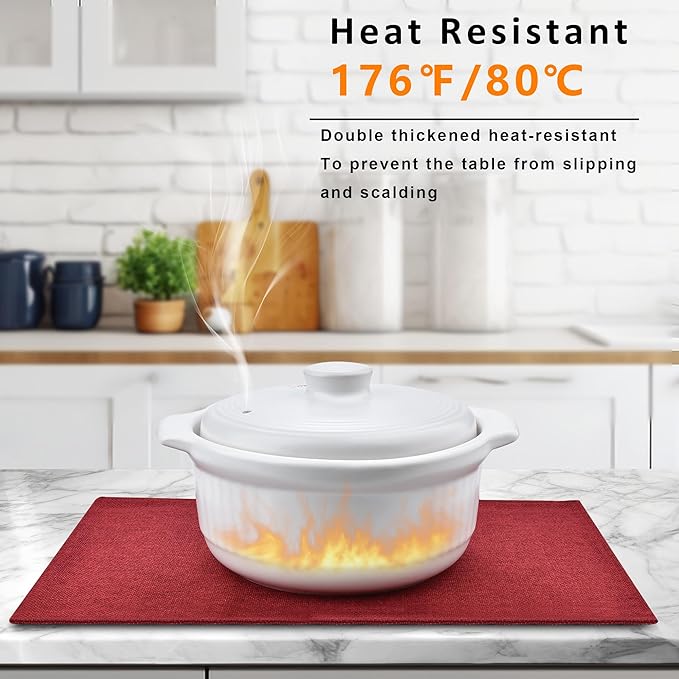 Red Christmas Placemats Set of 4 - Festive Easy to Clean Linen-Style Fabric Table Mats - Machine Washable & Heat Resistant Non-Slip Design for Thanksgiving and Holiday Dining (4, Wine Red)