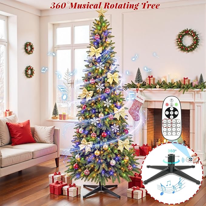 6.5ft Slim Pencil Christmas Tree Pre-lit, Remote Control, Rotating & Foldable Stand, RGB & Warm White Light for Home Decor