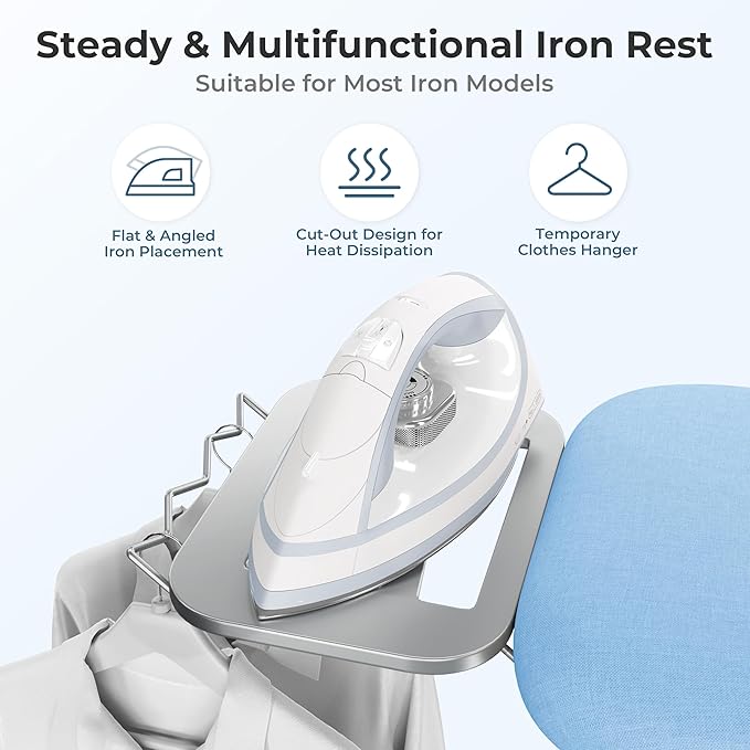 Yaheetech Foldable Ironing Board, Heavy Duty Iron Board with 9 Adjustable Heights, 4 Layer Cover and Safety Iron Rest, 52X14 Compact and Space Save Iron Board for Home Laundry Room Use, Blue