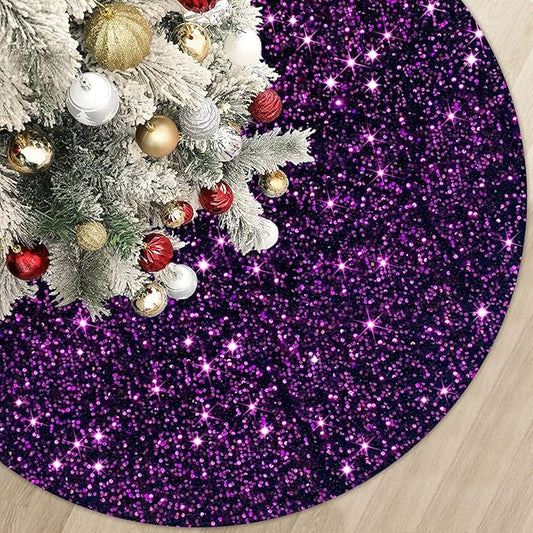Purple Christmas Tree Skirt Decorations 46 Inch Sequin Christmas Tree Skirt Sparkly Halloween Tree Mat Velvet Tree Skirts Xmas Home Decor Sequins Tree Cover Round Tree Base Skirt for Christmas Decor