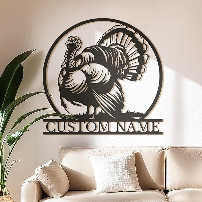 Personalized Turkey Metal Wall Art, Custom Hunting Cabin Sign, Wild Turkey Farmhouse Decor, Rustic Lodge Wall Hanging, Turkey Hunter Gift, Thanksgiving Home Decoration (Style-1)