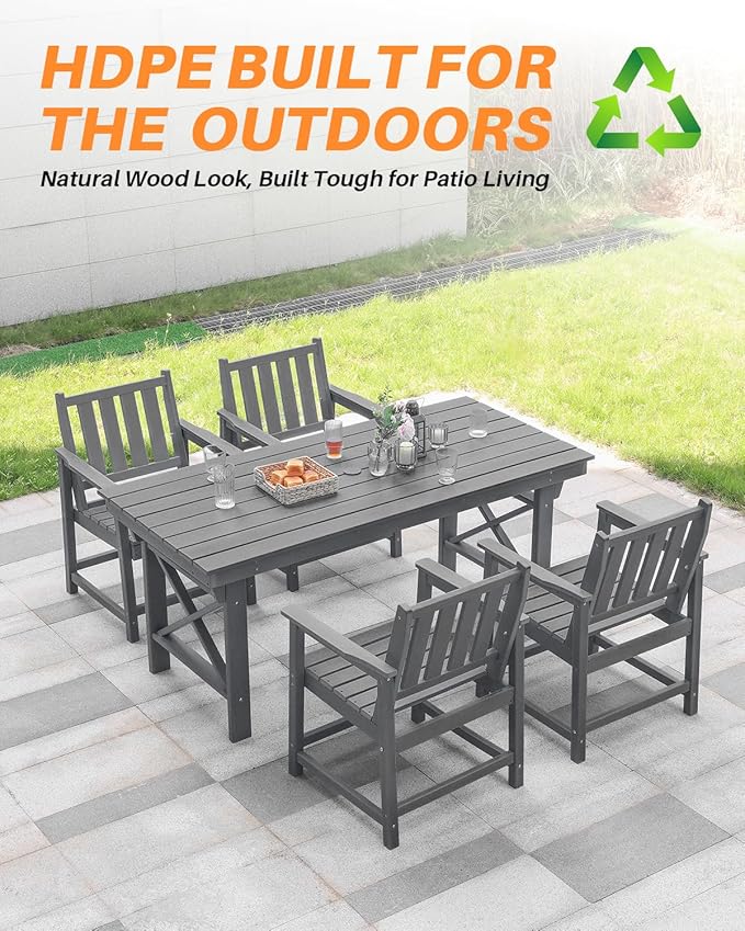 HDPE Outdoor Dining Table, 66.9” Rectangle Patio Dining Table for 6, All-Weather HDPE Outdoor Table with 2.2” Umbrella Hole, HDPE Patio Furniture for Deck, Backyard, Garden, Pool, Smoke Gray