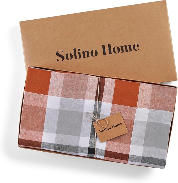 Solino Home Linen Tablecloth 60 x 90 Inch - 100% Pure Linen Plaid Cinnamon Table Cloth for Rectangle Tables - Fall Buffalo Check Machine Washable Tablecloth for Autumn, Halloween, Thanksgiving