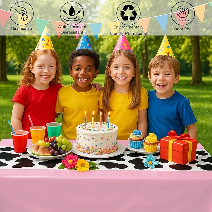 3 Pack 108 x 54 Inch Cow Print Tablecloth Cow Plastic Table Cover Birthday Party Table Cloth Disposable Plastic Farm Animal Party Cover for Disco Cowgirl Decorations Supplies Pink