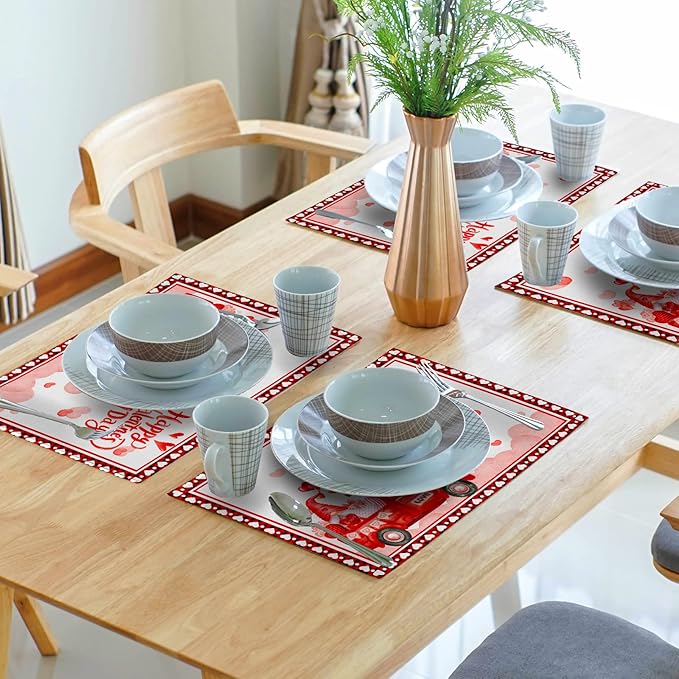 Valentines Day Placemats Red Truck Love Heart Placemats Set of 4 Cute Gnome Place Mats for Kitchen Dining Party Table Home Decoration Size 18x12 in