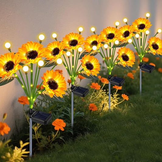 Solar Garden Lights Outdoor - Upgraded 4 Pack Solar Sunflowers Outdoor Waterproof with Firefly Lights,Garden Decor for Outside Yard Patio Lawn, Gardening Gifts for Mom Women Grandma