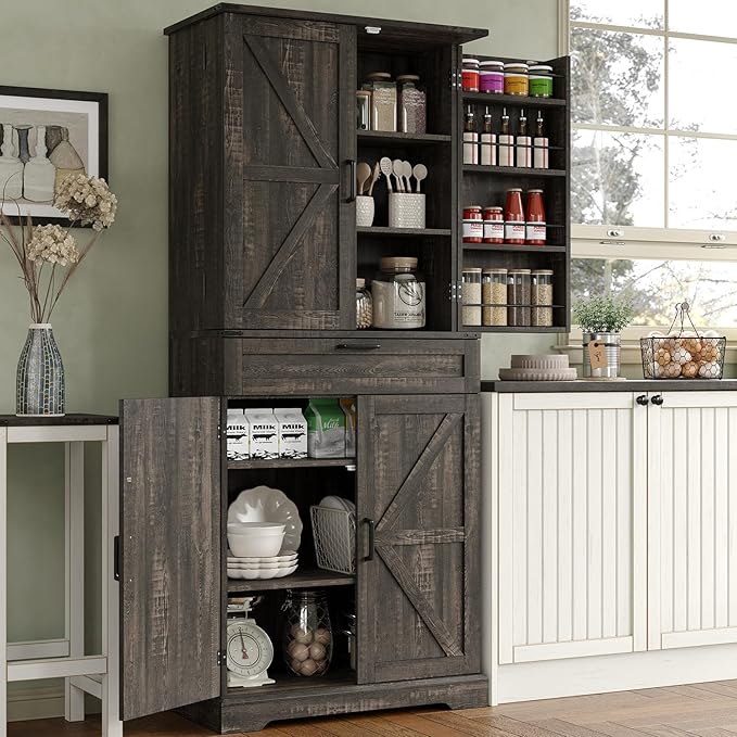 72'' Kitchen Storage Pantry Cabinet, Tall Storage Cabinet with 8 Door Shelves, 2 Cabinets and 1 Drawer, Freestanding Cupboard for Kitchen, Dining Room, Bathroom, Laundry, Living Room, Dark Rustic Oak
