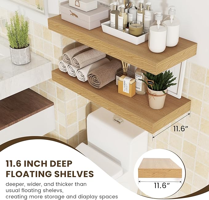 12 Inch Deep Floating Shelves | 30W x 12D Rustic Floating Shelves for Wall Set of 2 | Oak Shelves for Living Room Bathroom Laundry Room Bedroom Kitchen Home Office - Oak