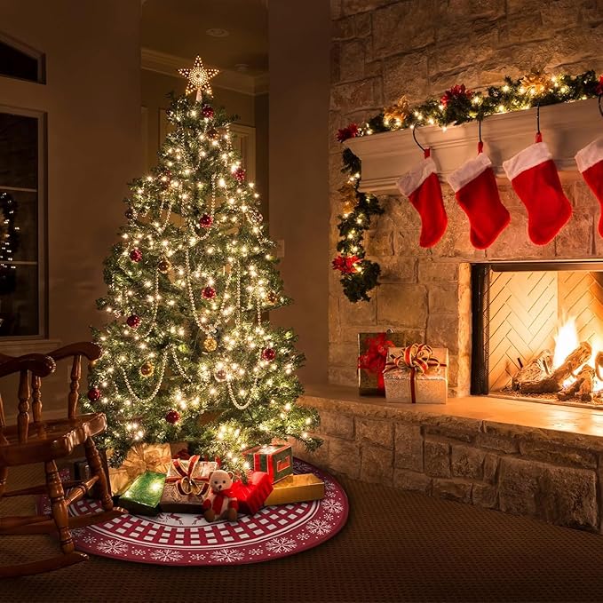 Christmas Tree Skirt, Red Tree Skirts 36 Inch with Snowflake Reindeer Rustic Farmhouse Xmas Tree Skirt Christmas Decorations for Holiday Party Decor Indoor Outdoor (red Snowflake Reindeer, 36 Inch)