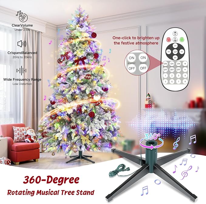 7.5ft 360° Rotating Pre-Lit Snow Flocked Christmas Tree, Built-in Music, Remote Control, 8 Light-Modes, White Christmas Tree for Home Decor