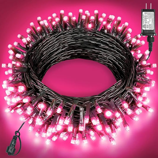 40FT 120 LED Christmas Lights Outdoor, Green Wire Christmas Tree Lights with 8 Modes & Waterproof, Connectable Plug in String Light for Indoor Bedroom Garden Party Wedding Decorations, Pink