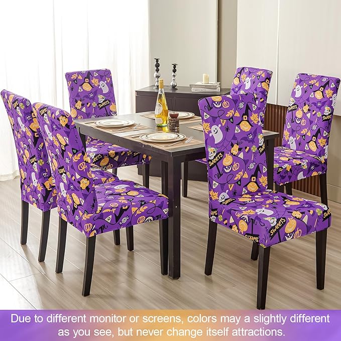 JQinHome Purple Halloween Chair Slipcover, Spider Web Chair Covers Set of 6, High Stretch Washable Chair Protector Cover for Dining Room, Kitchen,Home Party,Wedding Ceremony(Purple Candy,6PC)