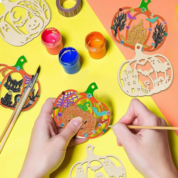 36PCS Wooden Pumpkins Ornaments to Paint Halloween Thanksgiving Decoration Cutouts Unfinished 3.5 inches, DIY Blank Unfinished Pumpkin Ornament for Home Harvest Crafts Hanging Autumn Decor（6Style）
