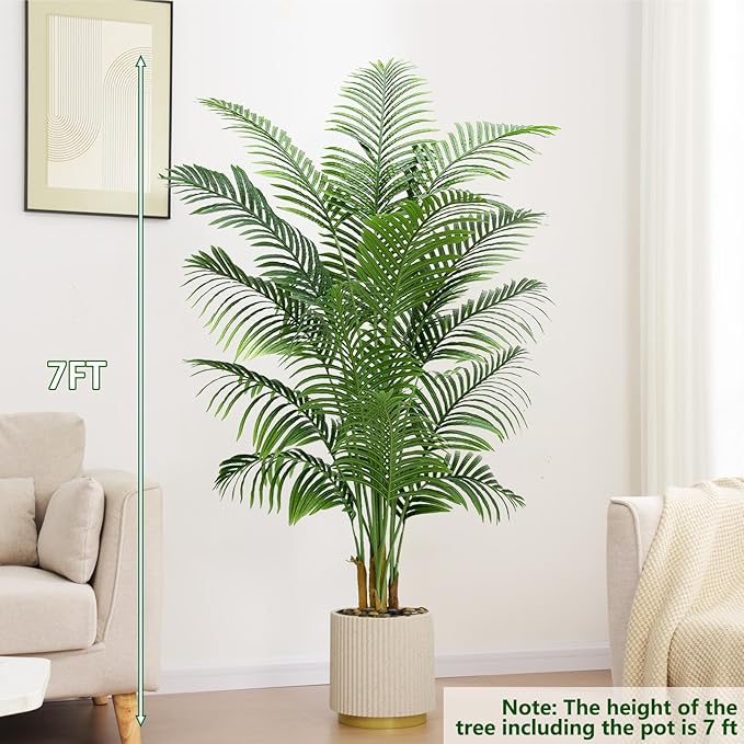 Artificial Palm Tree 7FT - Fake Tree with White Planter - Faux Tropical Areca Floor Plant in Pot - Artificial Silk Plant for Home Office Living Room Decor Indoor Outdoor Artificial Trees