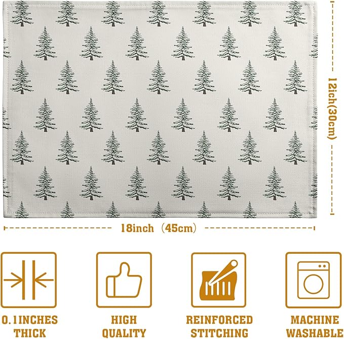 Pine Trees Christmas Placemats Set of 4 Xmas Tree Vintage Rustic Print Place Mats Winter Holiday Green White Farmhouse Linen Table Mats for Indoor Outdoor Kitchen Dining Party Decor