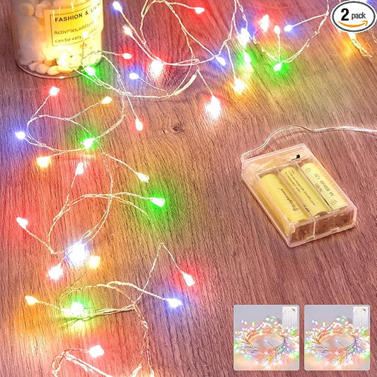 2 Pack Fairy Lights Battery Operated, String Lights Waterproof Silver Wire 5 Feet 60 Led Firecracker Starry Lights for DIY Wreath Wedding Party Bedroom Mason Jar Holiday Christmas Decor, Multicolor