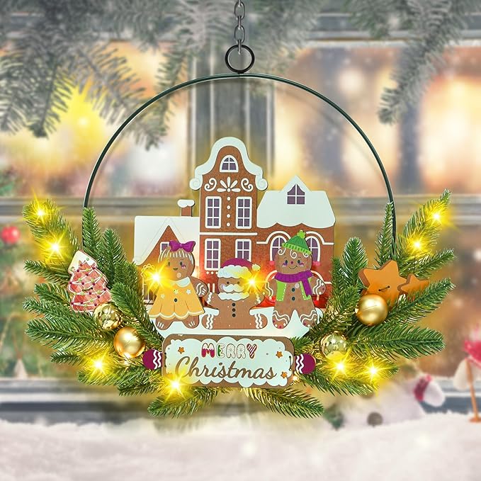 Light up Christmas Wreaths for Front Door, Welcome Metal Wooden Door Wreath Decor Hanging Sign, 30 LED Lighted Wall Decor Battery Operated for Halloween Indoor Outdoor (Gingerbread Man)