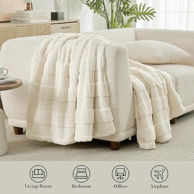 Amélie Home Luxury Striped Faux Fur Throw Blanket for Couch, Embossed Split Fur Cozy Fuzzy Fluffy Luxurious Soft Plush Sofa Chair Bed Gift Blankets for Women Men Wife Friend, 88"x90", Ivory